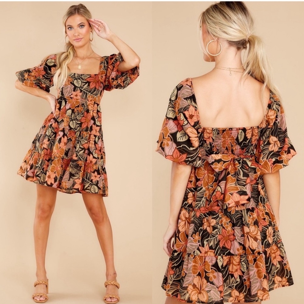 Olivaceous Black Floral Mini Dress